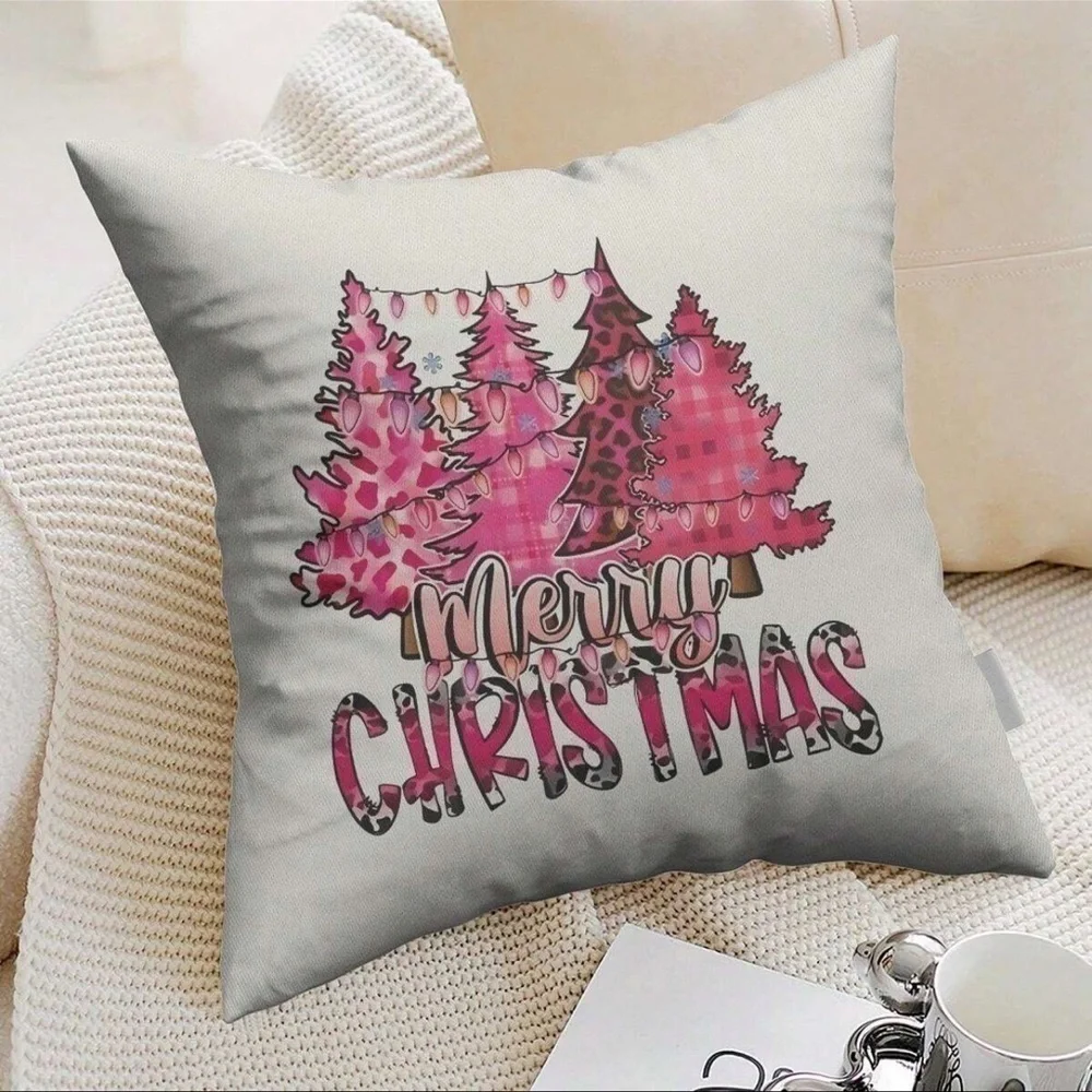 PINK LEOPARD CHRISTMAS TREE MERRY CHRISTMAS PILLOW COVER WITH ZIPPER